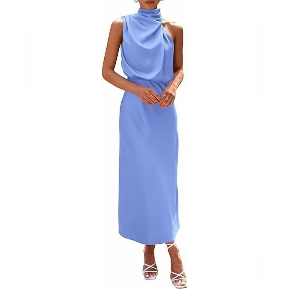 Satin Blue Midi Mockneck Dress